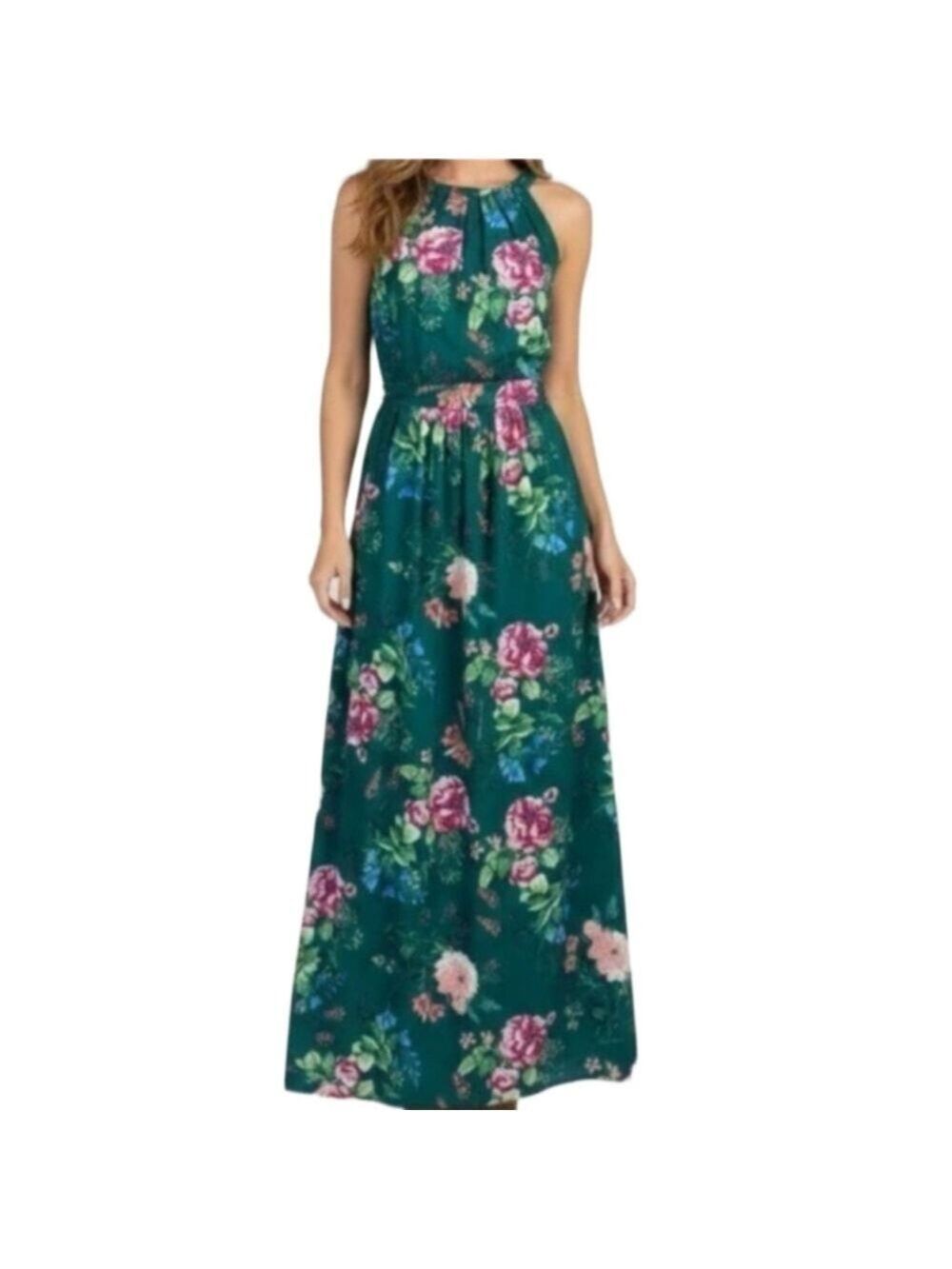 ELIZA J EMERALD GREEN FLOWY FLORAL SLEEVELESS HALTER MAXI DRESS SIZE 8 - Picture 1 of 7